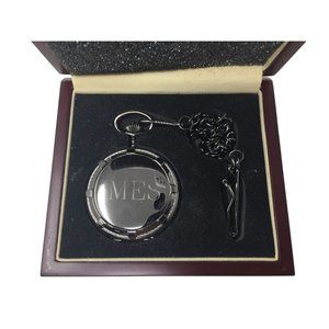 Monogrammed POCKETWATCH in wooden case - Gold tone face - MES Inscribed on metal